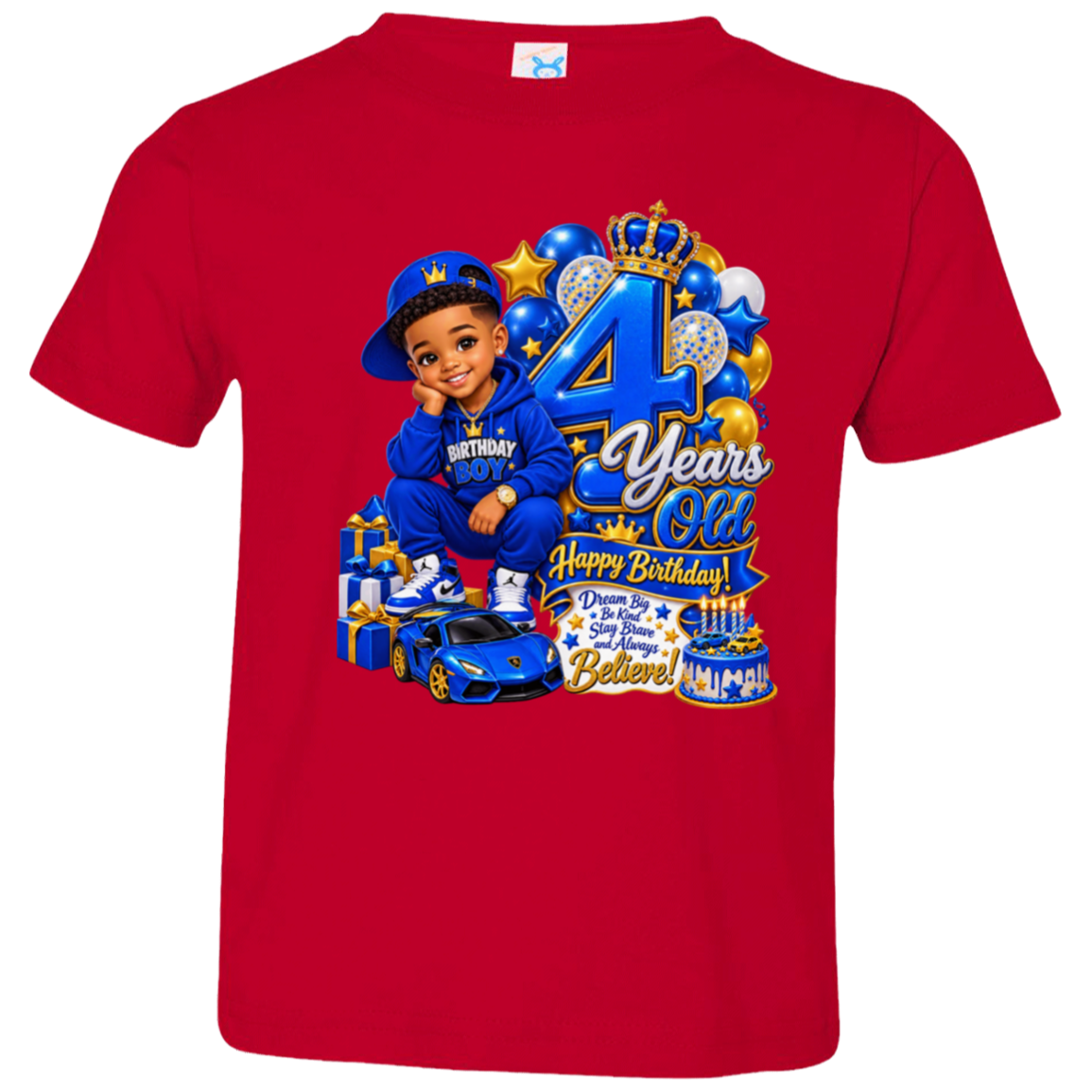 A red short-sleeve t-shirt with a large, colorful 4th birthday graphic on the front, featuring a cartoon boy in a blue uniform, balloons, gifts, a blue sports car, and '4 Years Old Happy Birthday' text.