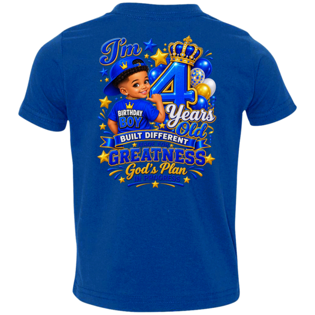 A royal blue short-sleeve t-shirt shown from the back, featuring a large graphic print with a young boy in a blue cap, balloons, stars, and text celebrating a 4th birthday.