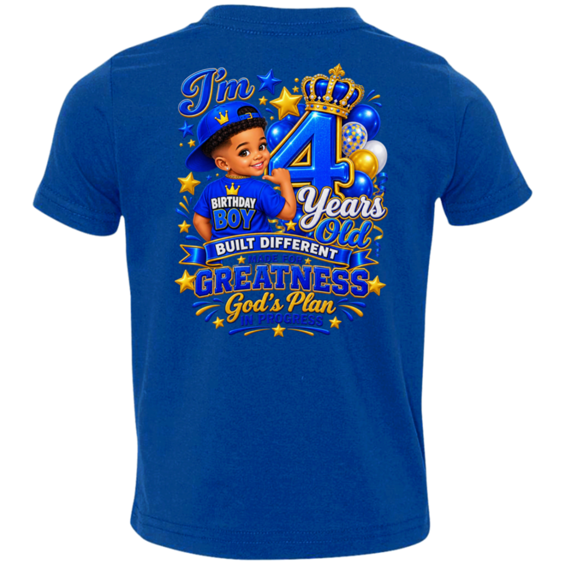 A royal blue short-sleeve t-shirt shown from the back, featuring a large graphic print with a young boy in a blue cap, balloons, stars, and text celebrating a 4th birthday.