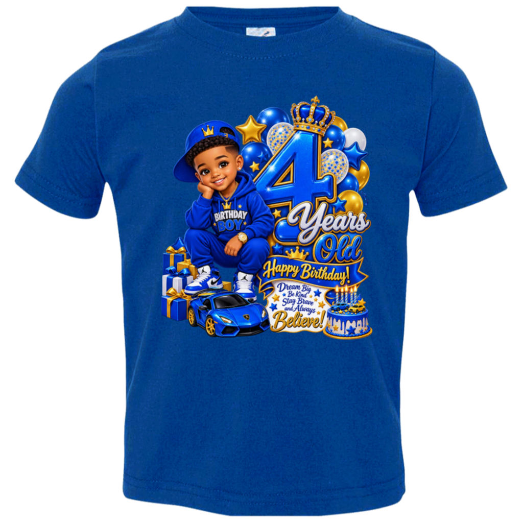 A royal blue short-sleeve kids' t-shirt with a large 4th birthday graphic on the front, featuring a child in a blue outfit, balloons, a blue sports car, and '4 Years Old Happy Birthday' text.