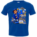 A royal blue short-sleeve kids' t-shirt with a large 4th birthday graphic on the front, featuring a child in a blue outfit, balloons, a blue sports car, and '4 Years Old Happy Birthday' text.