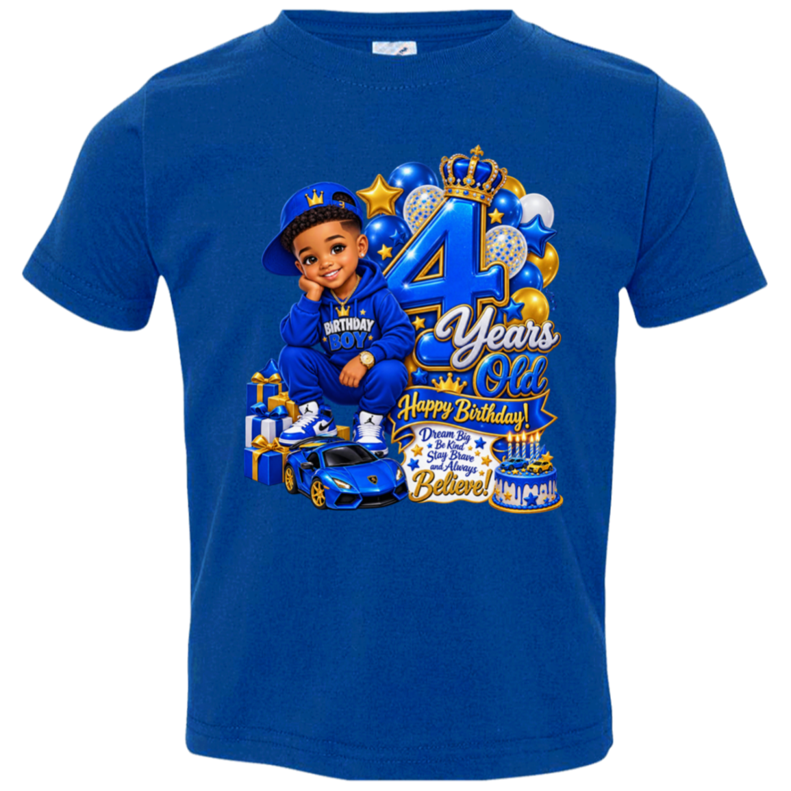 A royal blue short-sleeve kids' t-shirt with a large 4th birthday graphic on the front, featuring a child in a blue outfit, balloons, a blue sports car, and '4 Years Old Happy Birthday' text.