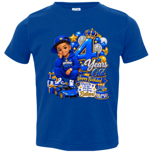 A royal blue short-sleeve kids' t-shirt with a large 4th birthday graphic on the front, featuring a child in a blue outfit, balloons, a blue sports car, and '4 Years Old Happy Birthday' text.