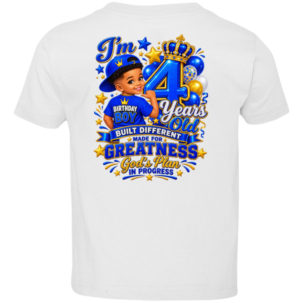 White short-sleeve t-shirt shown from the back, featuring a large colorful graphic print with a young boy in a blue cap, balloons, stars, and text celebrating a 4th birthday.