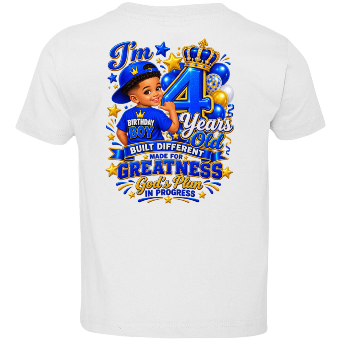 White short-sleeve t-shirt shown from the back, featuring a large colorful graphic print with a young boy in a blue cap, balloons, stars, and text celebrating a 4th birthday.