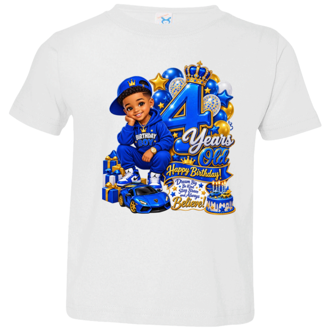 A white short-sleeve t-shirt with a detailed graphic print on the front. The graphic features a young boy in a blue outfit and cap, a blue sports car, presents, balloons, and large text celebrating a '4 Years Old Happy Birthday'.