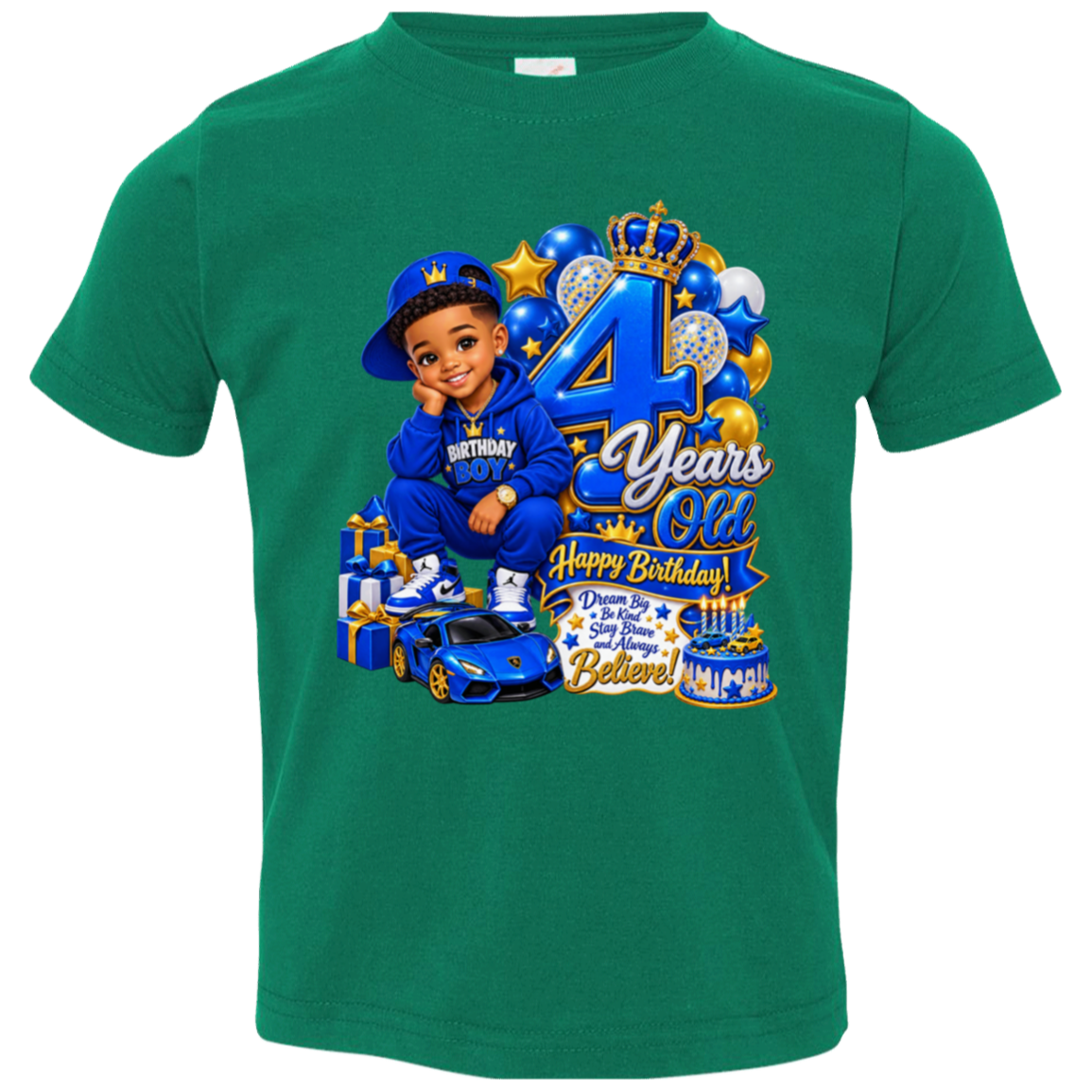 A kelly short-sleeve kids' t-shirt featuring a large graphic print for a 4th birthday. The graphic shows a young boy in a blue outfit and cap, a blue sports car, balloons, gifts, and text reading '4 Years Old' and 'Happy Birthday!'.