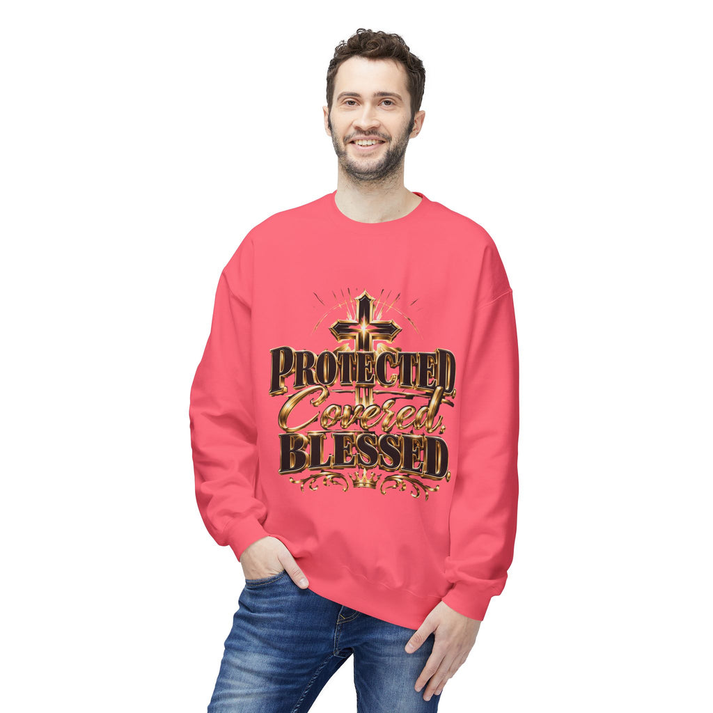 Blessed & Protected Crewneck Sweatshirt — "Protected, Covered, Blessed" Christian Pullover