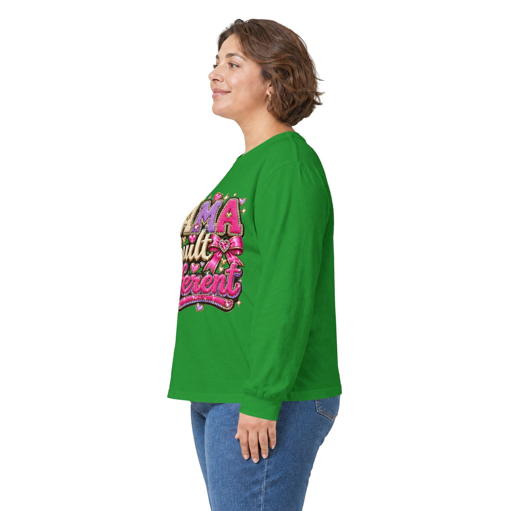 Mama Built Different Long Sleeve Tee — Pink Crowned Mom Graphic Shirt