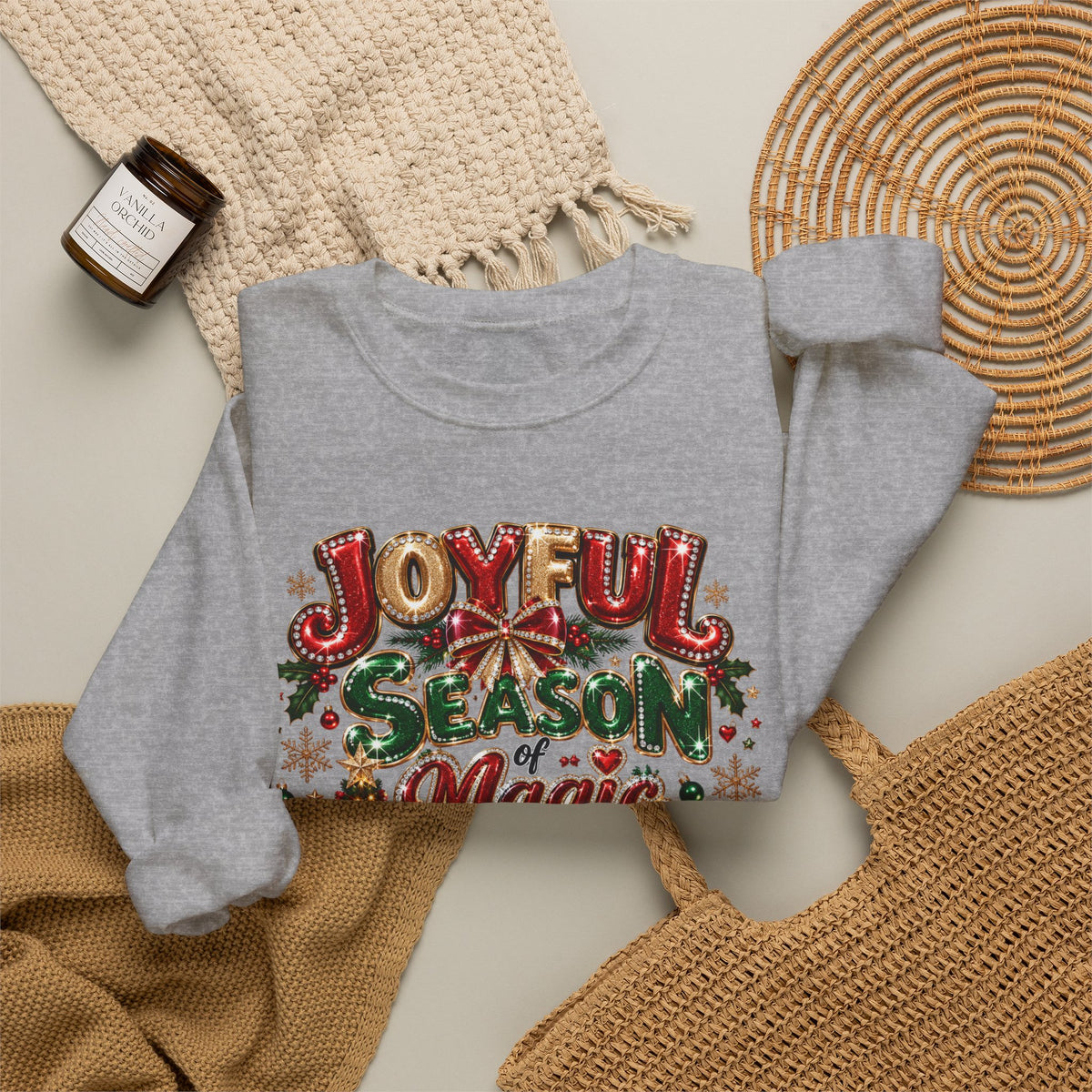 Joyful Season Magic Crewneck Sweatshirt — Christmas Tree & Fireplace Holiday Sweater