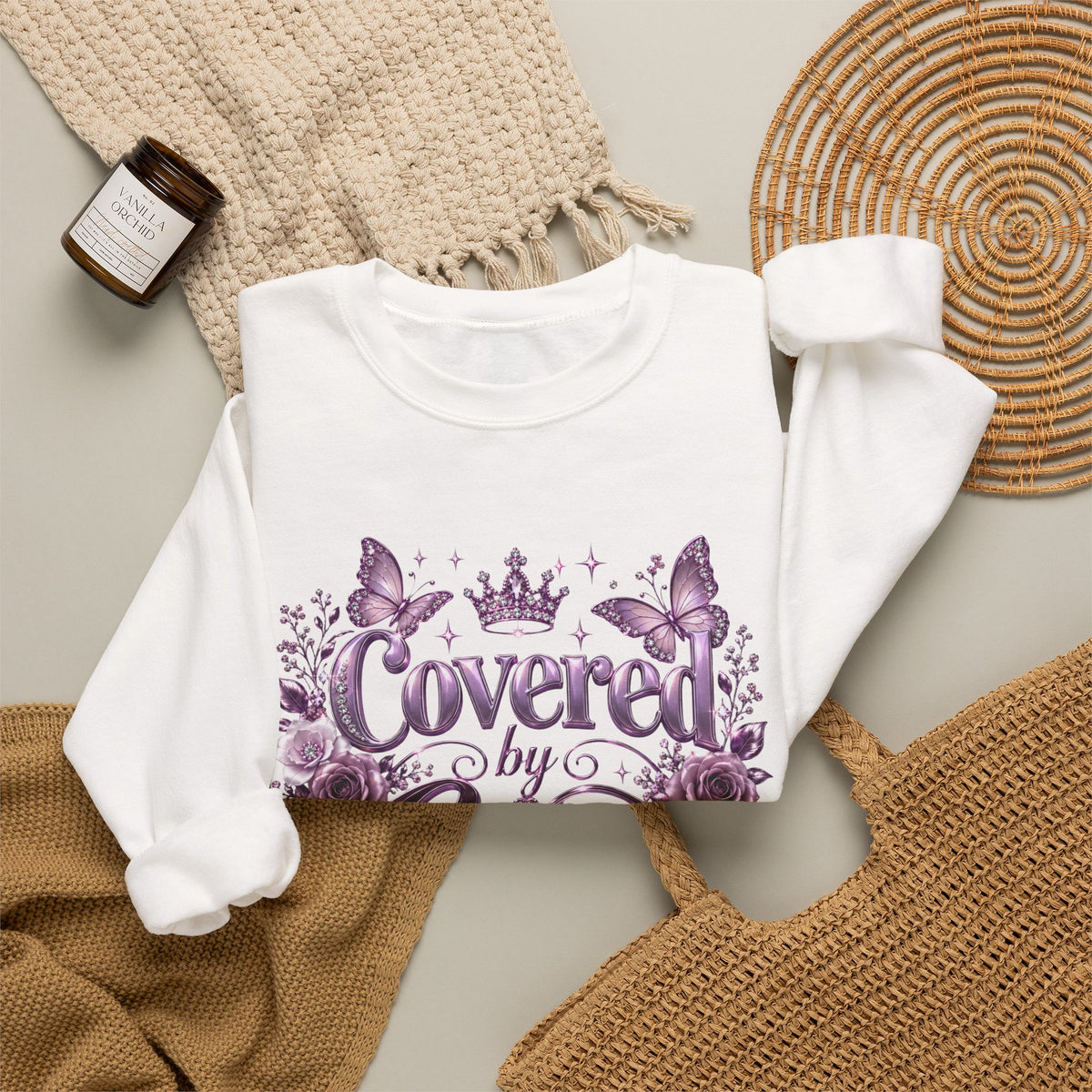 Crewneck Sweatshirt — "Covered by Grace" Floral Christian Pullover