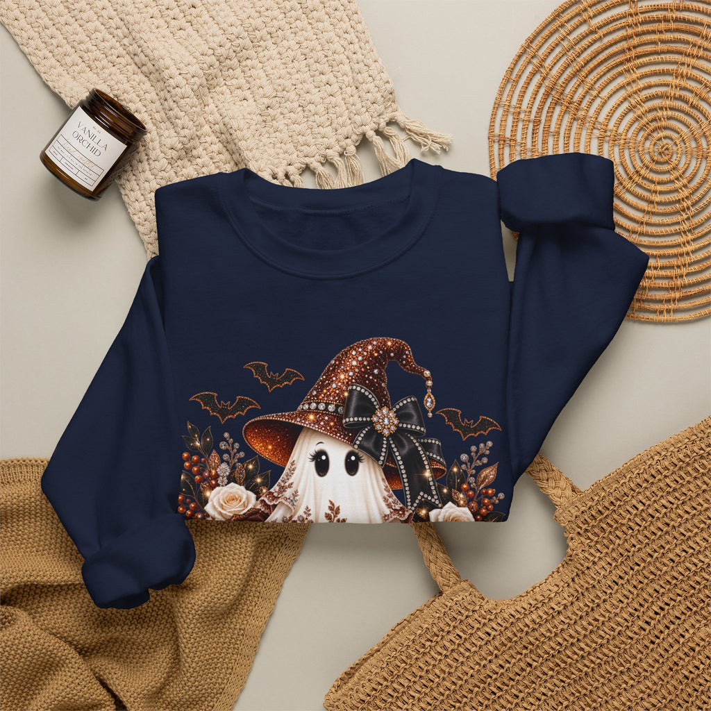 Ghost Witch Sweatshirt — Cute Halloween Pumpkin & Bat Crewneck