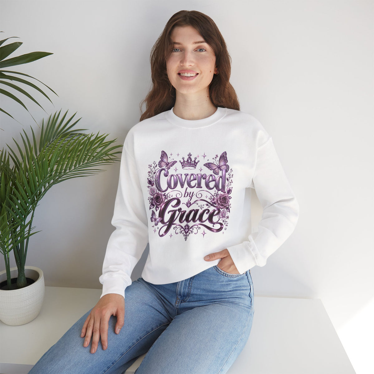 Crewneck Sweatshirt — "Covered by Grace" Floral Christian Pullover