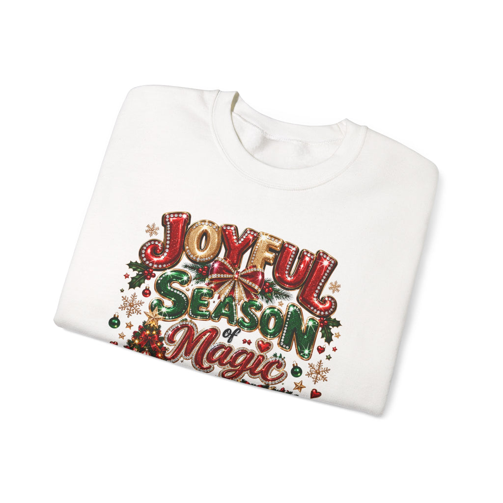 Joyful Season Magic Crewneck Sweatshirt — Christmas Tree & Fireplace Holiday Sweater