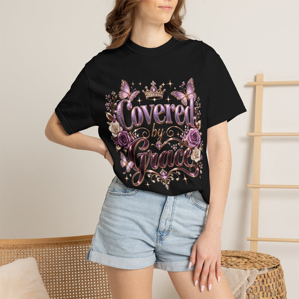 Covered by Grace T-Shirt — Floral Butterfly Christian Faith Tee
