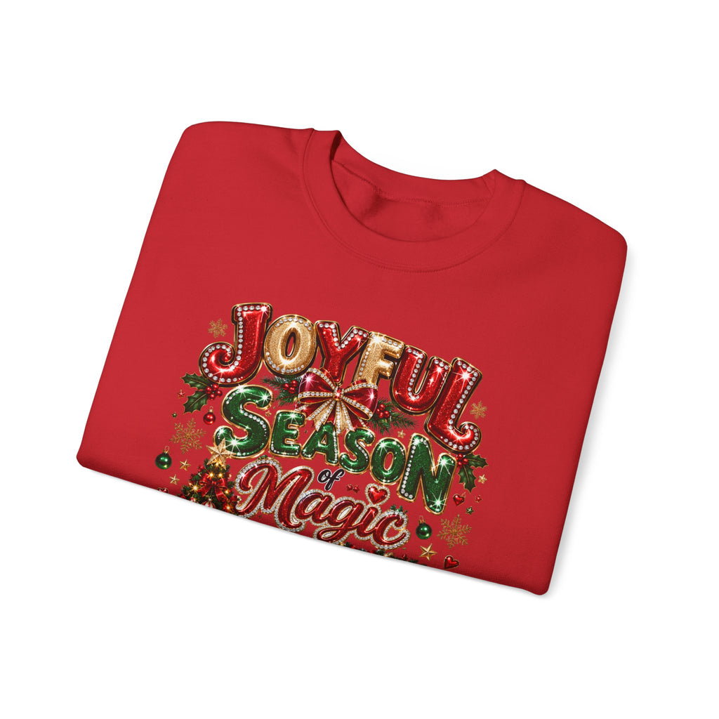 Joyful Season Magic Crewneck Sweatshirt — Christmas Tree & Fireplace Holiday Sweater