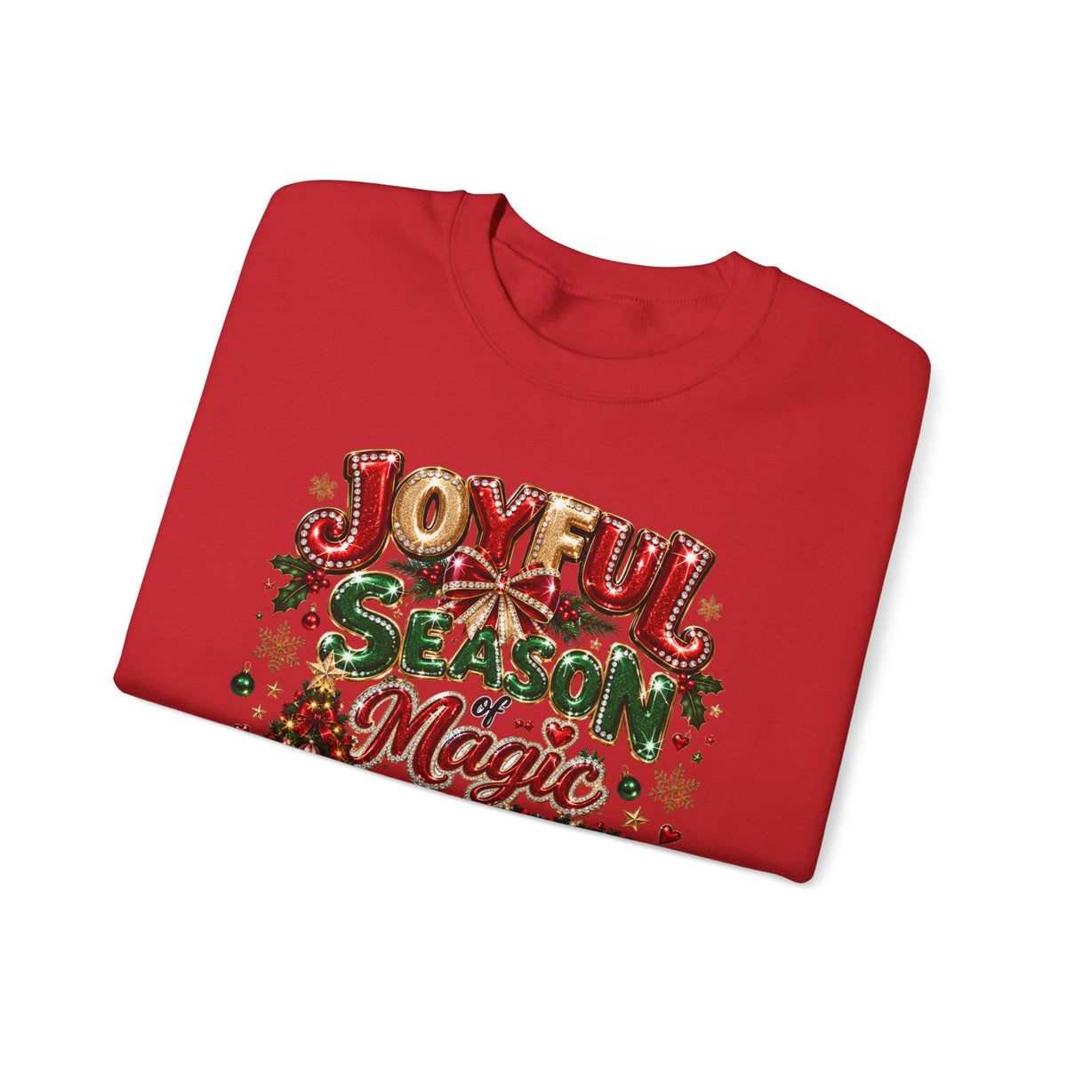 Joyful Season Magic Crewneck Sweatshirt — Christmas Tree & Fireplace Holiday Sweater