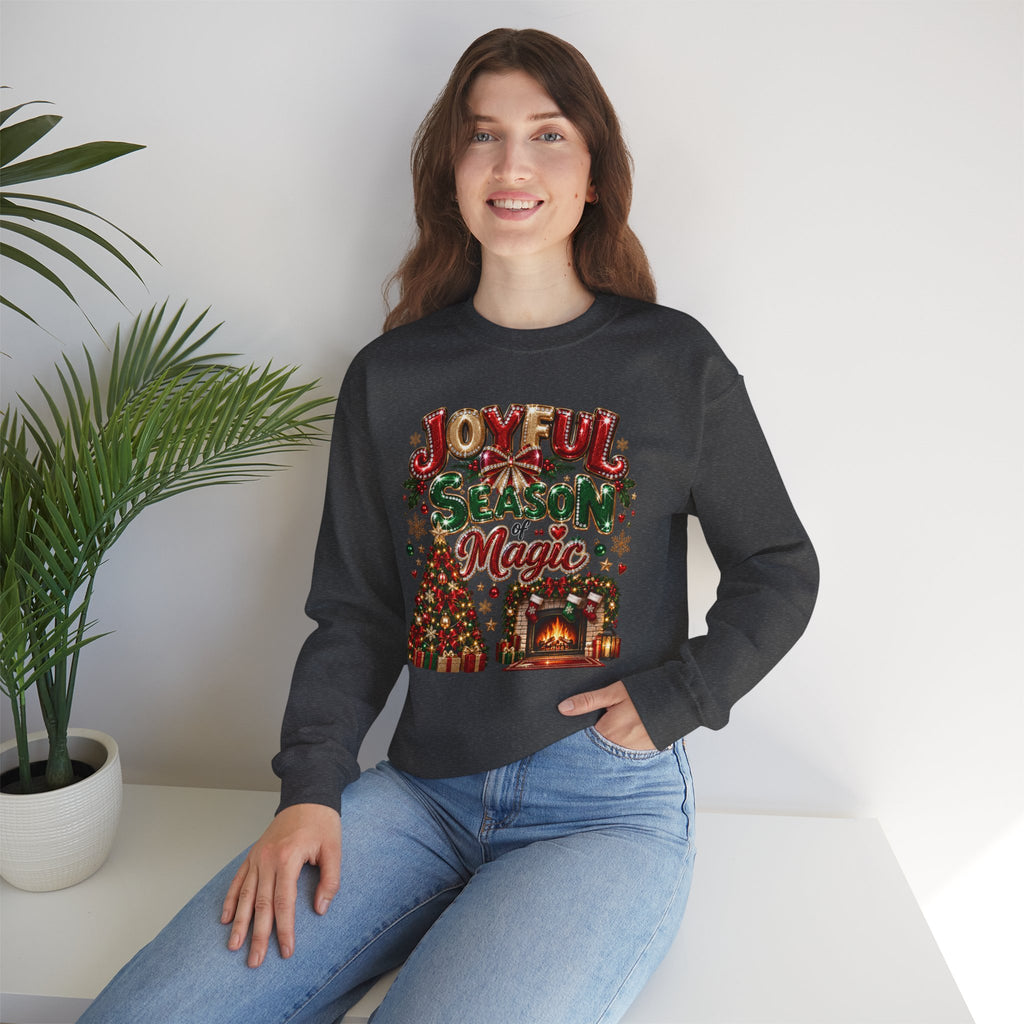 Joyful Season Magic Crewneck Sweatshirt — Christmas Tree & Fireplace Holiday Sweater