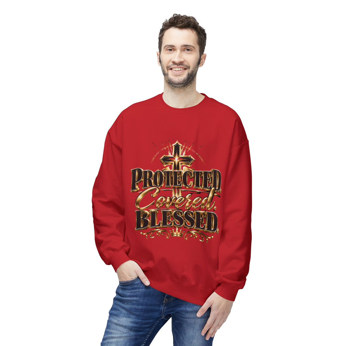 Blessed & Protected Crewneck Sweatshirt — "Protected, Covered, Blessed" Christian Pullover