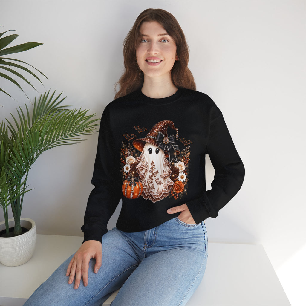 Ghost Witch Sweatshirt — Cute Halloween Pumpkin & Bat Crewneck