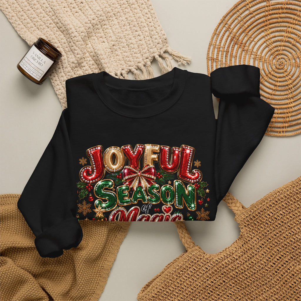Joyful Season Magic Crewneck Sweatshirt — Christmas Tree & Fireplace Holiday Sweater