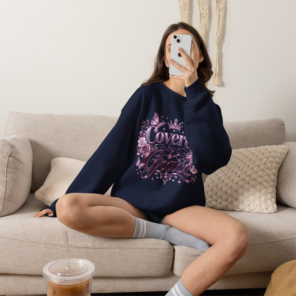 Crewneck Sweatshirt — "Covered by Grace" Floral Christian Pullover
