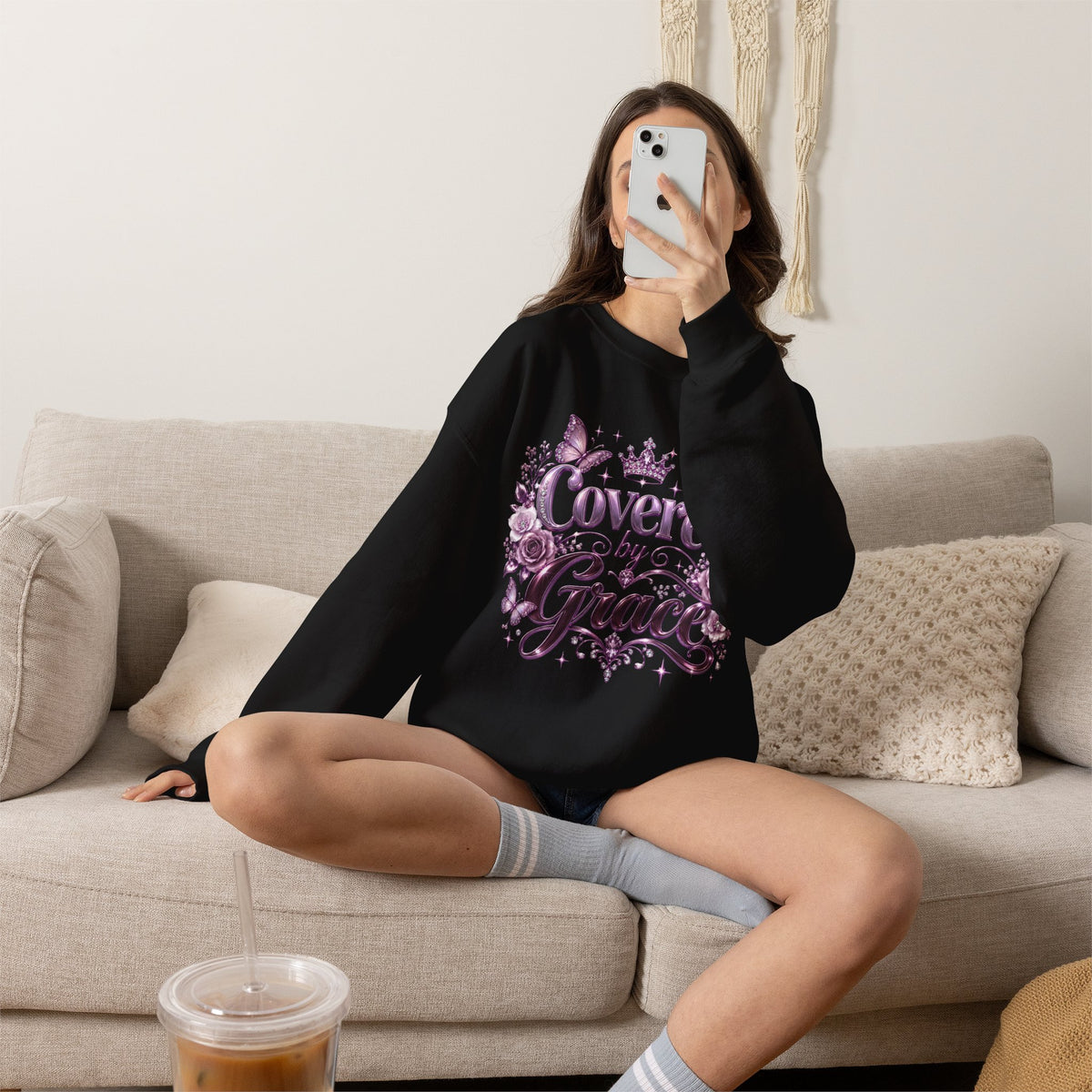 Crewneck Sweatshirt — "Covered by Grace" Floral Christian Pullover
