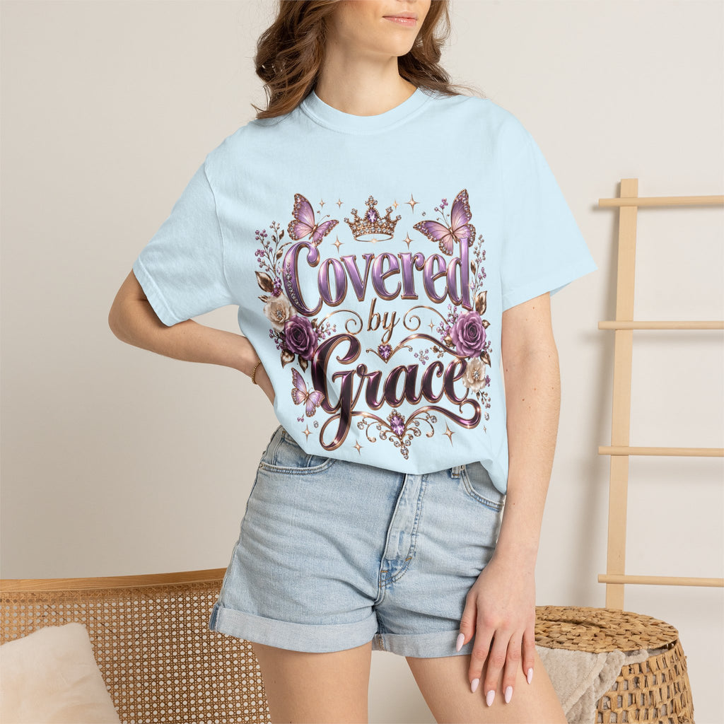 Covered by Grace T-Shirt — Floral Butterfly Christian Faith Tee