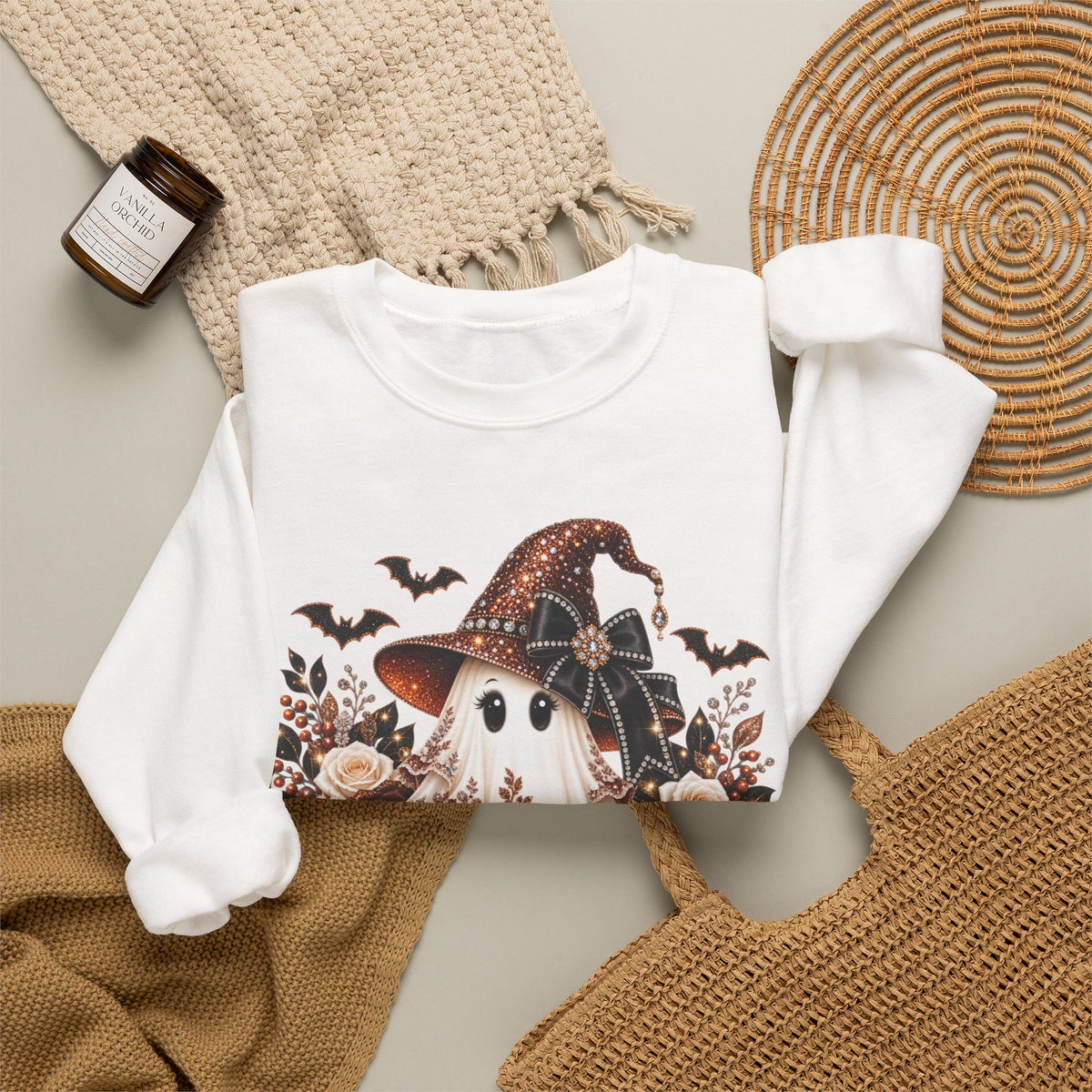 Ghost Witch Sweatshirt — Cute Halloween Pumpkin & Bat Crewneck
