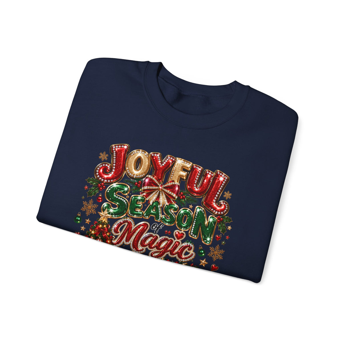 Joyful Season Magic Crewneck Sweatshirt — Christmas Tree & Fireplace Holiday Sweater