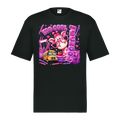 A black short-sleeve crewneck t-shirt featuring a colorful graphic print on the front. The graphic depicts a pink cartoon pig wearing glasses next to a yellow school bus, surrounded by pink pens, hearts, and the text 'TOO COOL FOR SCHOOL'.
