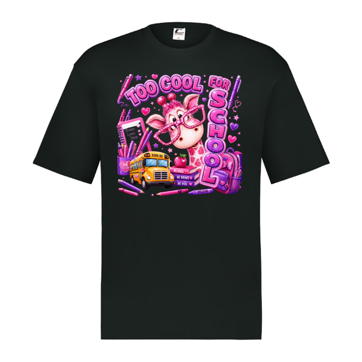 A black short-sleeve crewneck t-shirt featuring a colorful graphic print on the front. The graphic depicts a pink cartoon pig wearing glasses next to a yellow school bus, surrounded by pink pens, hearts, and the text 'TOO COOL FOR SCHOOL'.