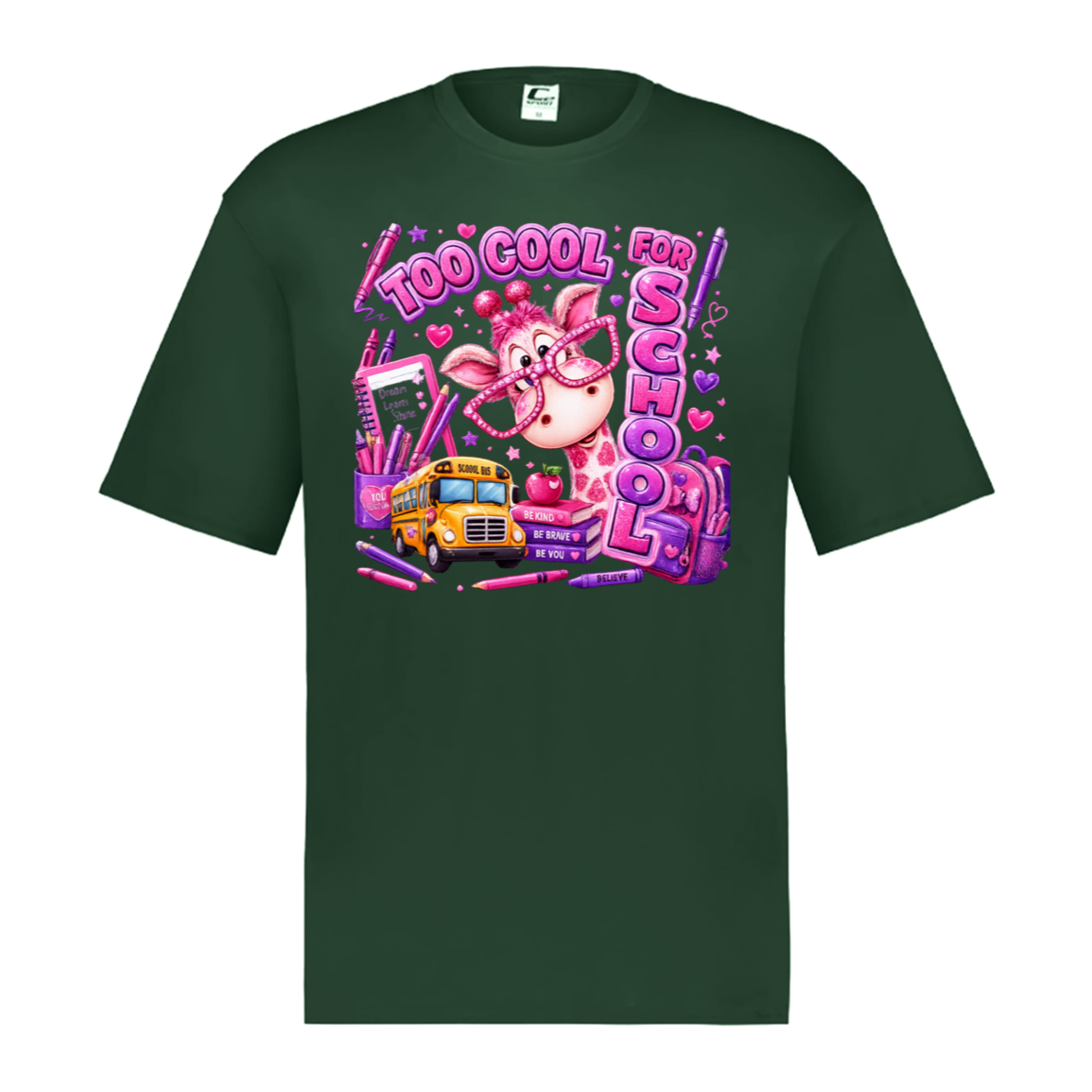 A dark green short-sleeve t-shirt with a colorful graphic on the front featuring a cartoon pig wearing glasses, a yellow school bus, and the text 'TOO COOL FOR SCHOOL' in pink and purple.