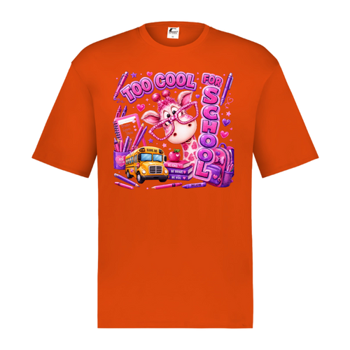 An orange short-sleeve crewneck t-shirt featuring a colorful graphic print on the front. The graphic depicts a cartoon pig wearing glasses next to a yellow school bus, surrounded by pink and purple text that reads 'TOO COOL FOR SCHOOL' and school supplies.