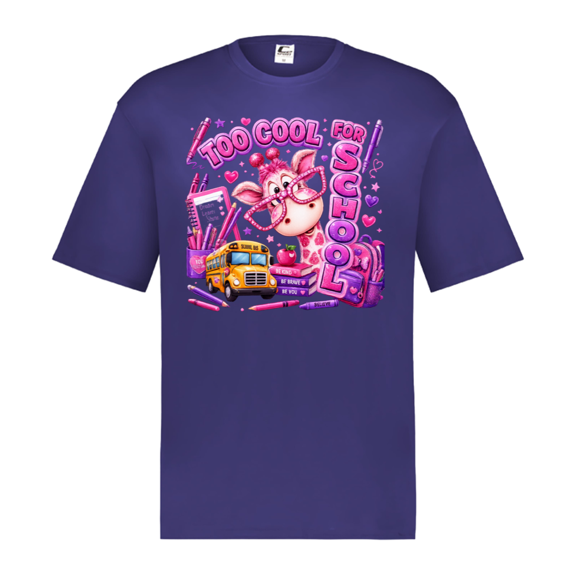 A purple short-sleeve crewneck t-shirt featuring a colorful graphic print on the front. The graphic depicts a pink cartoon pig wearing glasses next to a yellow school bus, surrounded by pink pens, hearts, and the text 'TOO COOL FOR SCHOOL'.