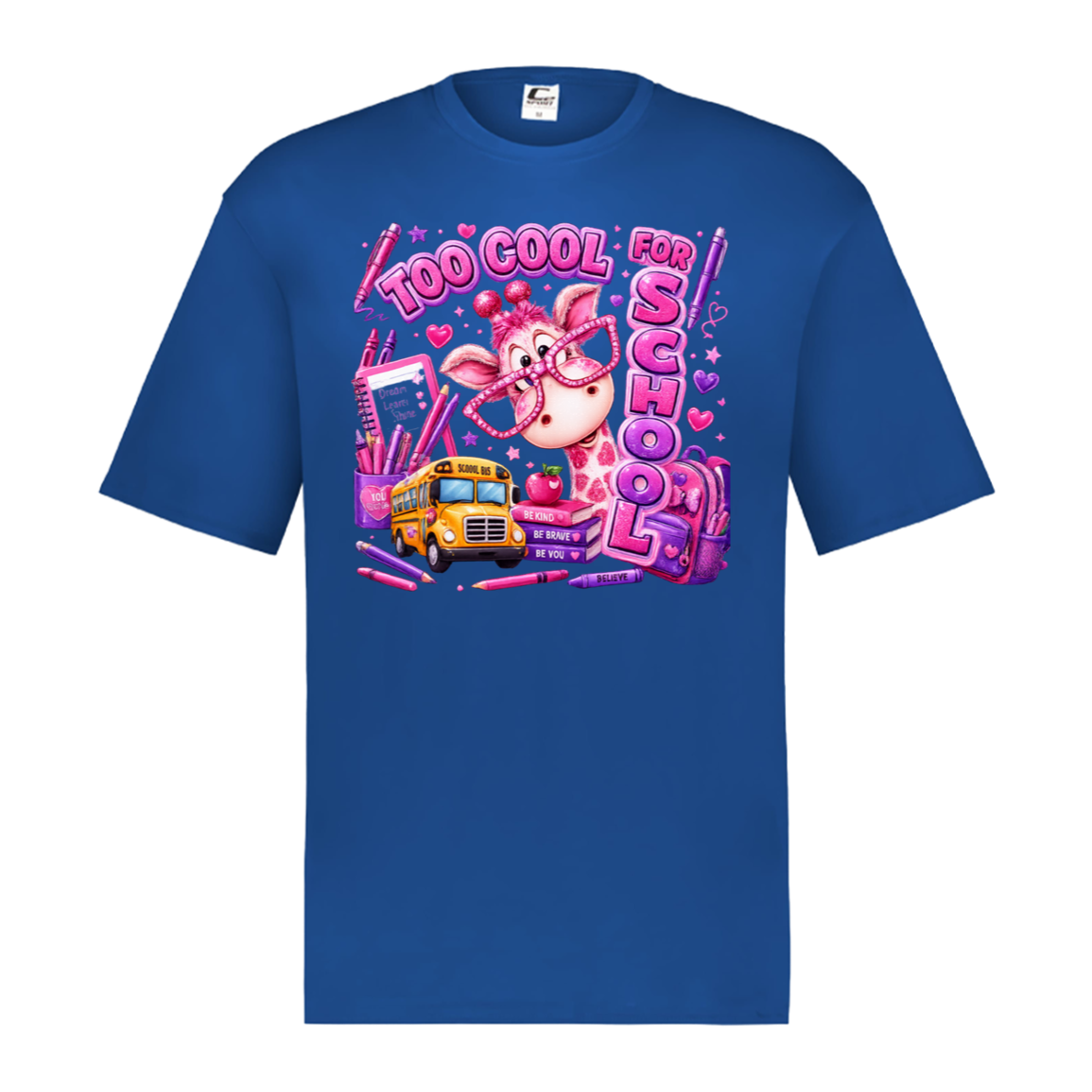 A royal short-sleeve crewneck t-shirt featuring a colorful graphic print on the front. The graphic depicts a pink cartoon pig wearing glasses next to a yellow school bus, surrounded by pink pens, hearts, and the text 'TOO COOL FOR SCHOOL'.
