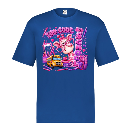 A royal short-sleeve crewneck t-shirt featuring a colorful graphic print on the front. The graphic depicts a pink cartoon pig wearing glasses next to a yellow school bus, surrounded by pink pens, hearts, and the text 'TOO COOL FOR SCHOOL'.