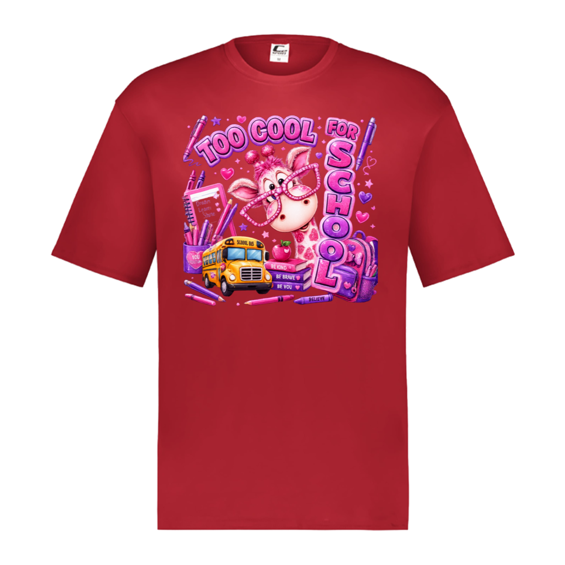 A scarlet color short-sleeve crewneck t-shirt featuring a colorful graphic print on the front. The graphic depicts a pink cartoon pig wearing glasses next to a yellow school bus, surrounded by pink pens, hearts, and the text 'TOO COOL FOR SCHOOL'.