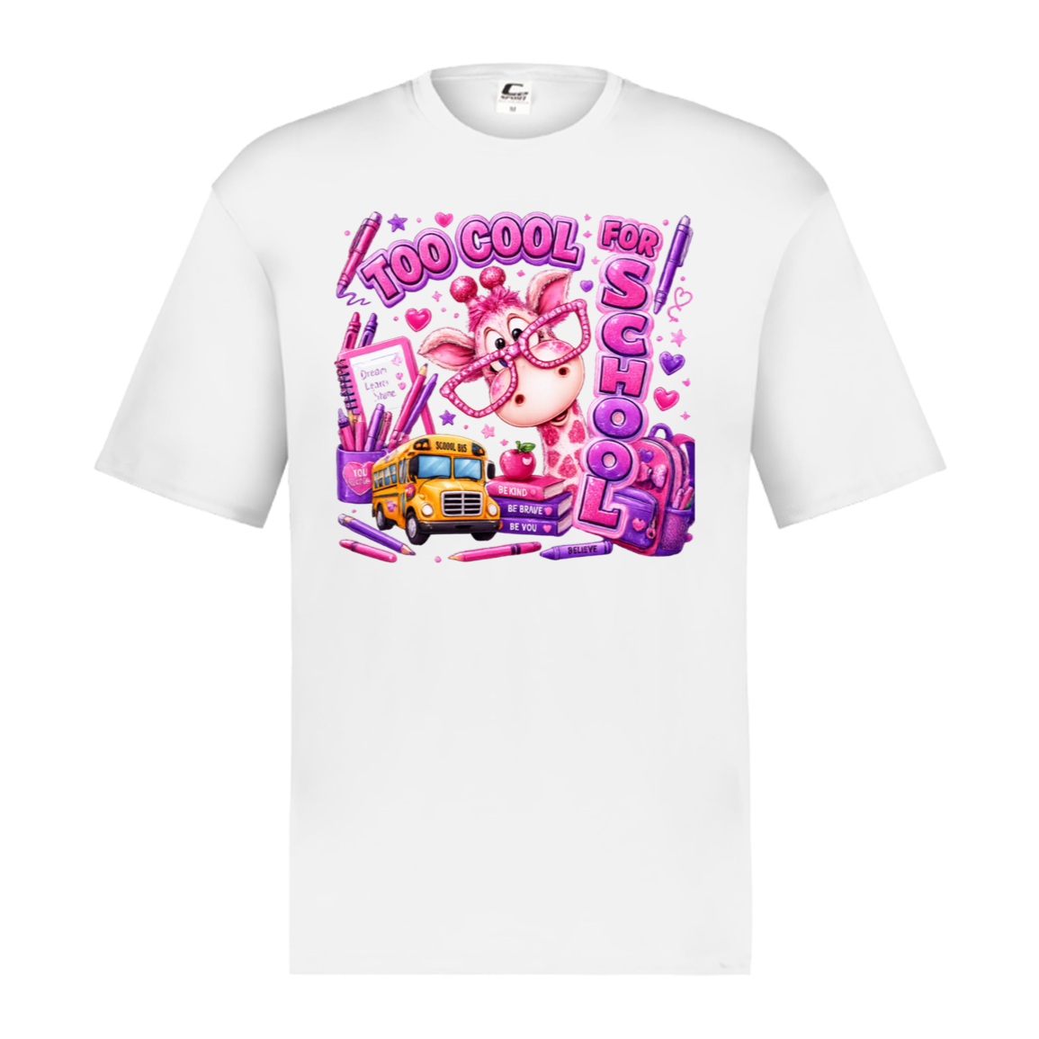 A white color short-sleeve crewneck t-shirt featuring a colorful graphic print on the front. The graphic depicts a pink cartoon pig wearing glasses next to a yellow school bus, surrounded by pink pens, hearts, and the text 'TOO COOL FOR SCHOOL'.