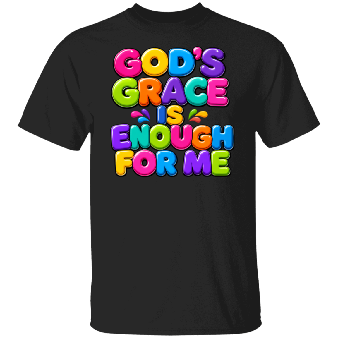 A black short-sleeve t-shirt with a colorful graphic text print reading 'GOD'S GRACE IS ENOUGH FOR ME' in a 3D bubble font with rainbow colors, shown on a plain white background.