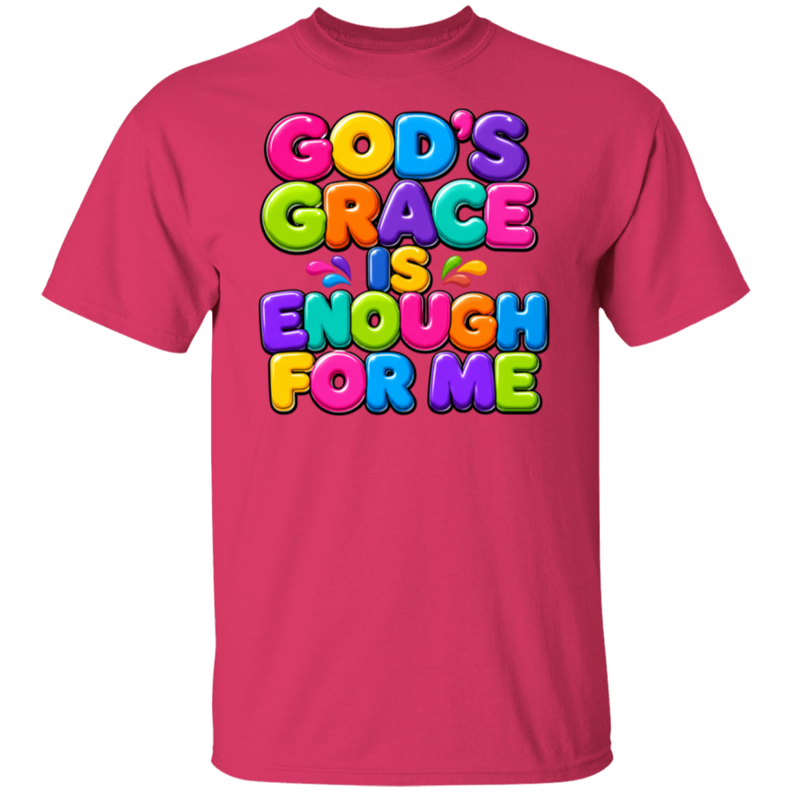 An heliconia short-sleeve t-shirt with a colorful graphic text print reading 'GOD'S GRACE IS ENOUGH FOR ME' in 3D bubble letters of various colors on the chest, set against a plain white background.