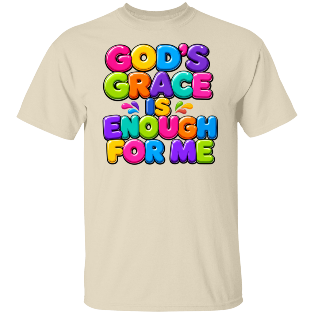 A natural color crewneck t-shirt featuring a colorful graphic text print that reads 'GOD'S GRACE IS ENOUGH FOR ME' in a playful, 3D bubble font with rainbow colors.