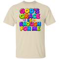 A natural color crewneck t-shirt featuring a colorful graphic text print that reads 'GOD'S GRACE IS ENOUGH FOR ME' in a playful, 3D bubble font with rainbow colors.
