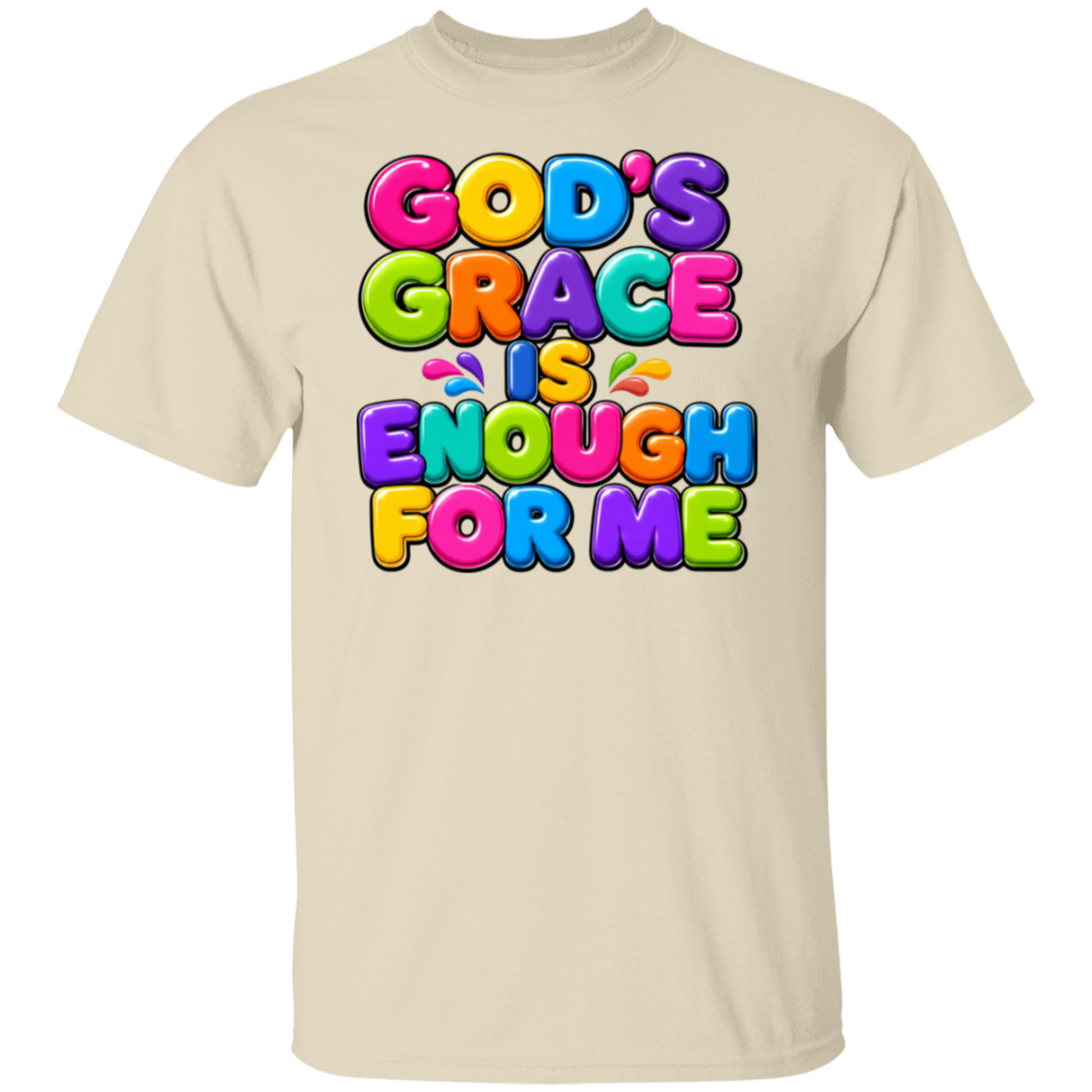 A natural color crewneck t-shirt featuring a colorful graphic text print that reads 'GOD'S GRACE IS ENOUGH FOR ME' in a playful, 3D bubble font with rainbow colors.