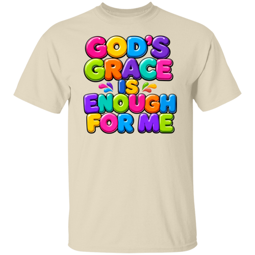 A natural color crewneck t-shirt featuring a colorful graphic text print that reads 'GOD'S GRACE IS ENOUGH FOR ME' in a playful, 3D bubble font with rainbow colors.