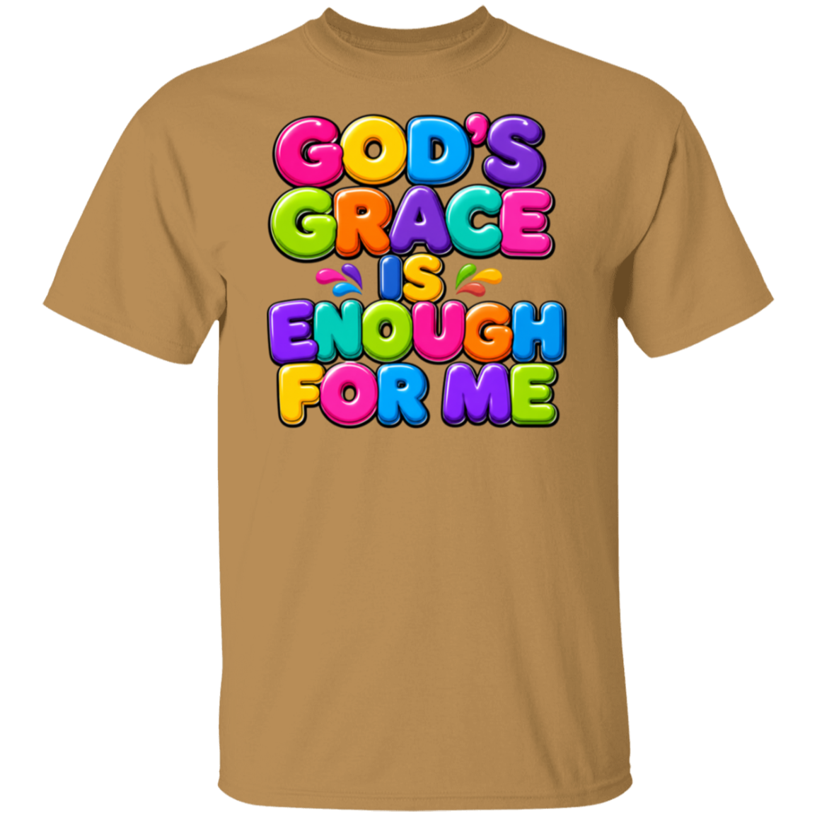 A old gold color crewneck t-shirt featuring a colorful graphic text print that reads 'GOD'S GRACE IS ENOUGH FOR ME' in a 3D bubble font with rainbow colors.