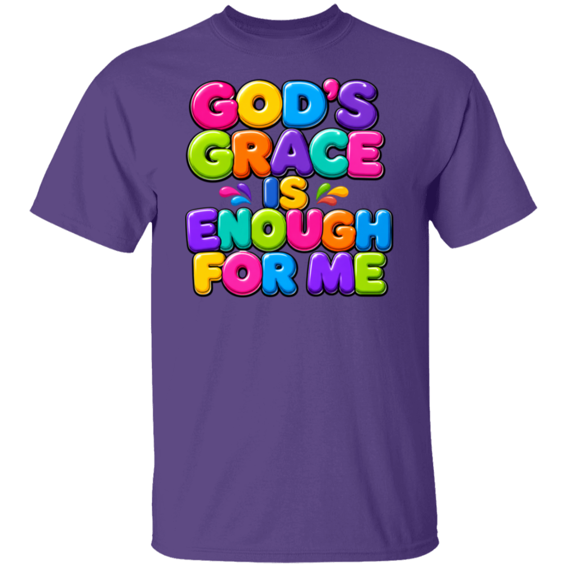 A purple short-sleeve crewneck t-shirt featuring a colorful graphic text print that reads 'GOD'S GRACE IS ENOUGH FOR ME' in a 3D bubble font with rainbow colors.