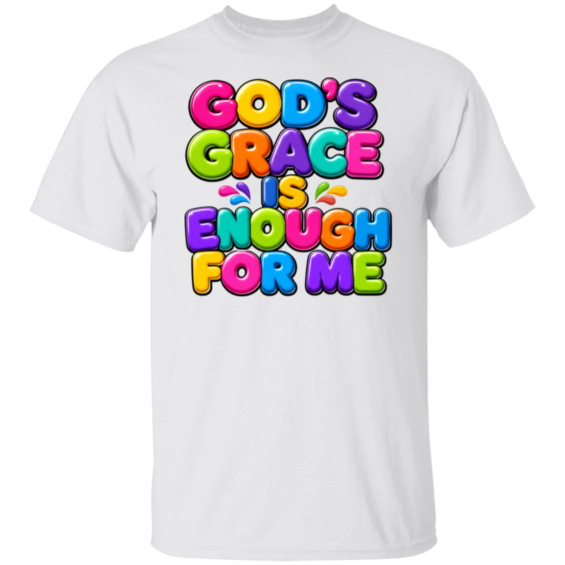 A white short-sleeve crewneck t-shirt featuring a colorful graphic text print that reads 'GOD'S GRACE IS ENOUGH FOR ME' in a playful, 3D bubble-style font with vibrant rainbow colors.