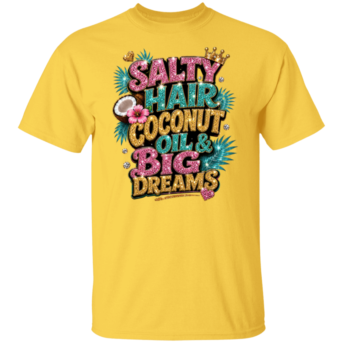 A daisy short-sleeve crewneck t-shirt featuring a colorful graphic print on the front with the text 'SALTY HAIR COCONUT OIL & BIG DREAMS' in pink, blue, and gold lettering with tropical palm leaves and a coconut illustration.