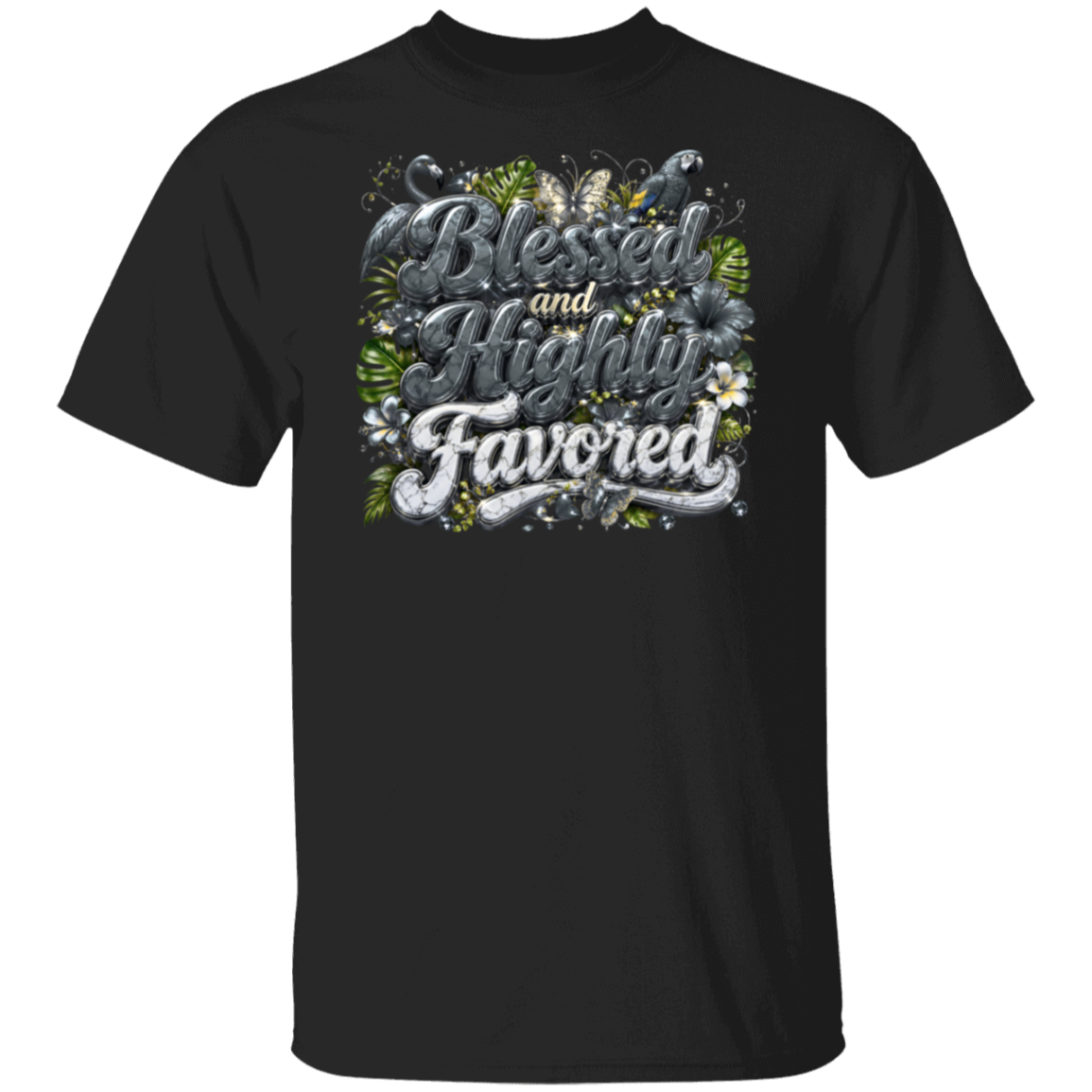A black color short-sleeve crewneck t-shirt featuring a decorative graphic on the chest with the phrase 'Blessed and Highly Favored' in stylized gray lettering surrounded by green leaves, white flowers, and butterflies, shown against a plain white background.